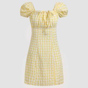 Cider - Yellow & White Plaid Peasant Dress